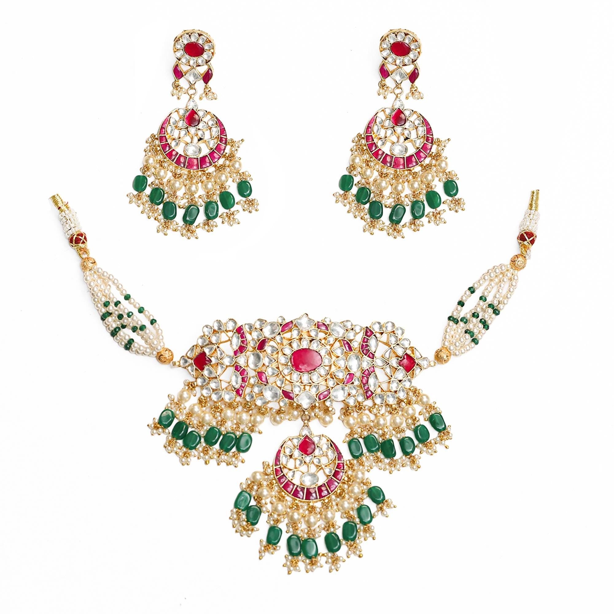 Kundan Meenakari Choker Set: Gold Plated Ruby Emerald Pearl Necklace Earrings