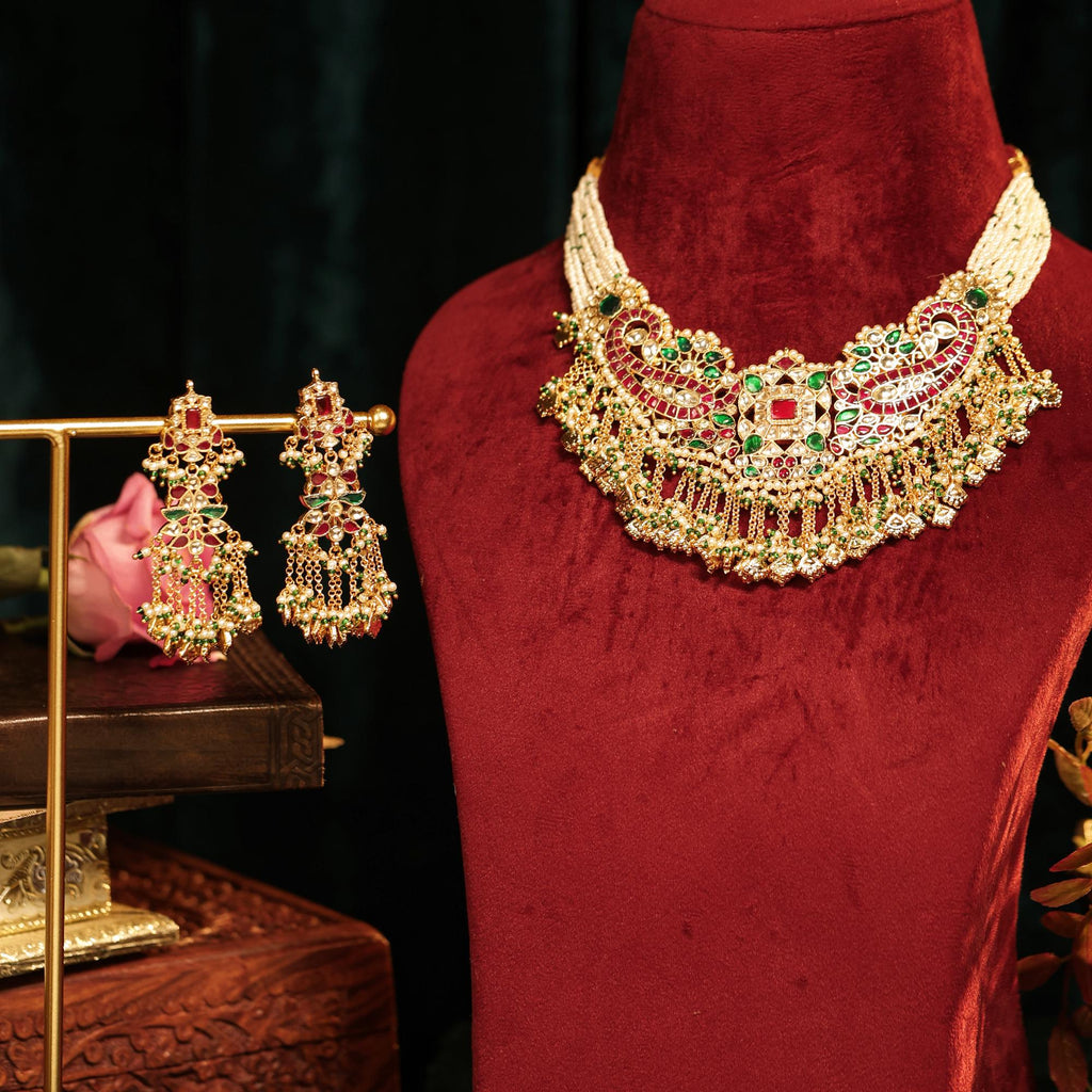 Royal Kundan Choker Necklace Set | Ruby Red Emerald Paisley Meenakari Bridal Jewelry