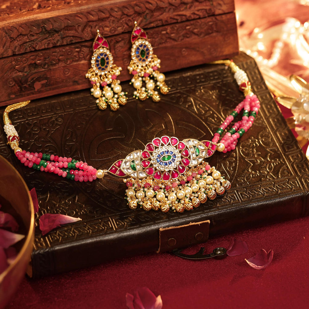 Navratan Kundan Choker Set  Pink Tourmaline Emerald Beads, Indian Festive Jewelry