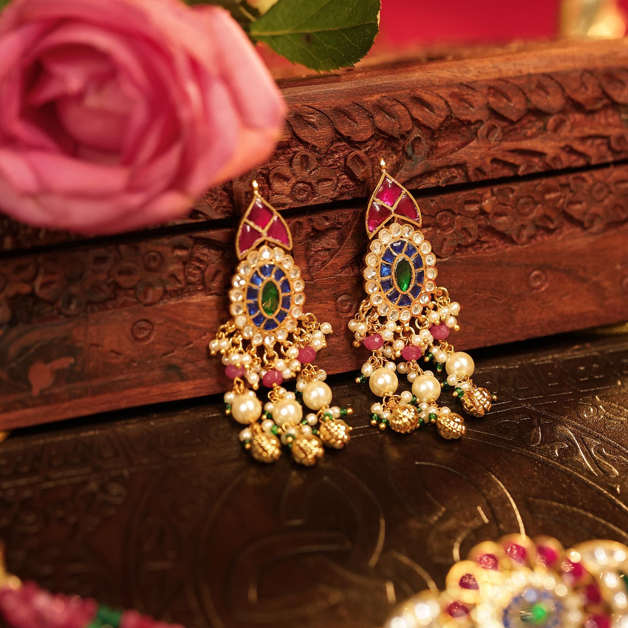Navratan Kundan Choker Set  Pink Tourmaline Emerald Beads, Indian Festive Jewelry