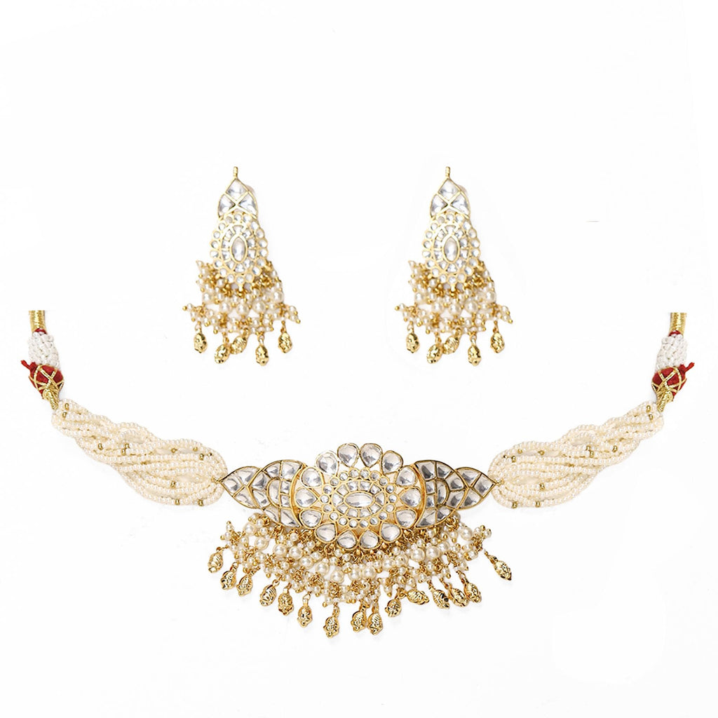 Kundan Choker Set  Multi-Strand Seed Pearls, White Pachi Kundan Necklace, Earrings