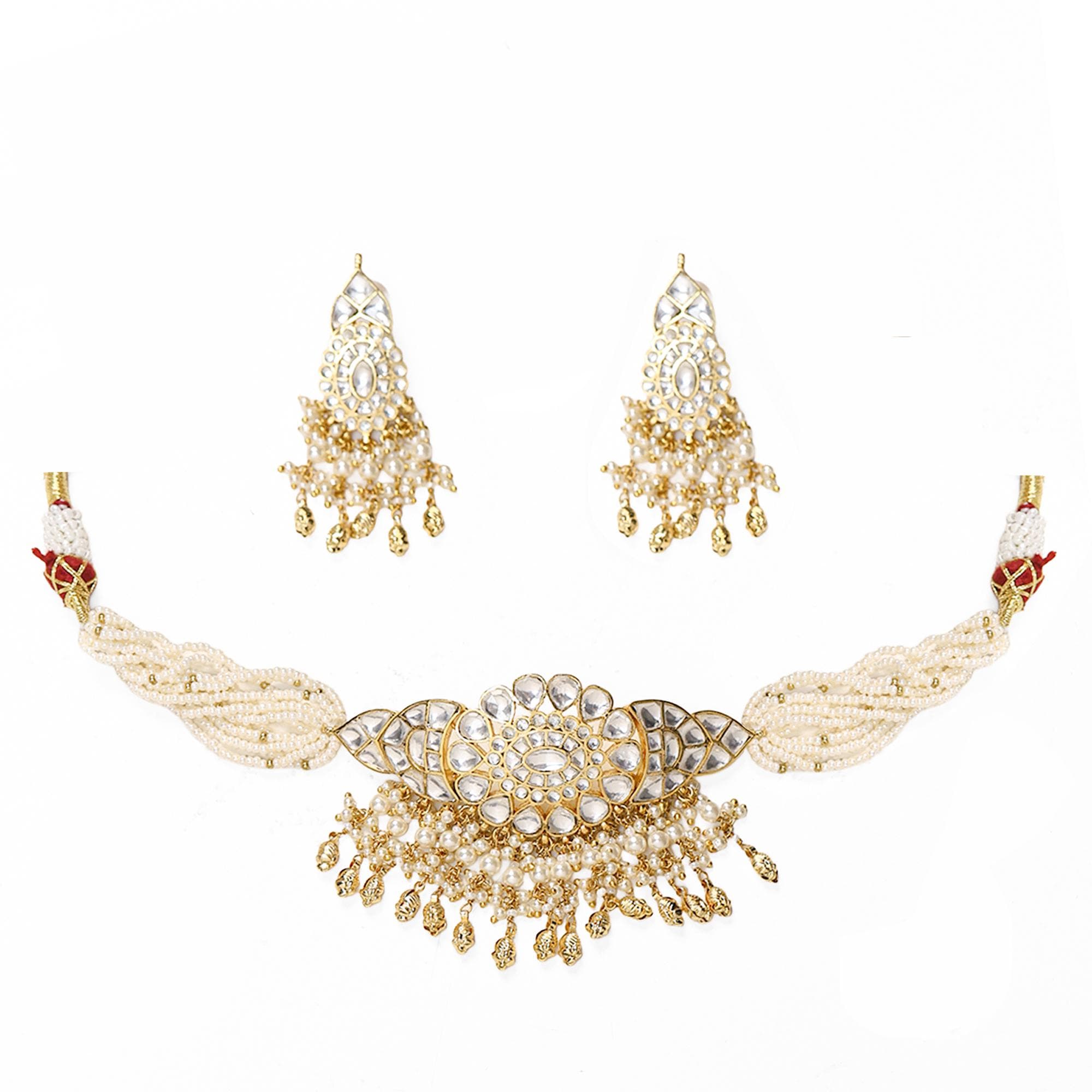 Kundan Choker Set  Multi-Strand Seed Pearls, White Pachi Kundan Necklace, Earrings