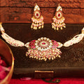 Ruby Pink Kundan Choker Set: Floral Mandala Necklace, Seed Pearls, Geometric Earrings