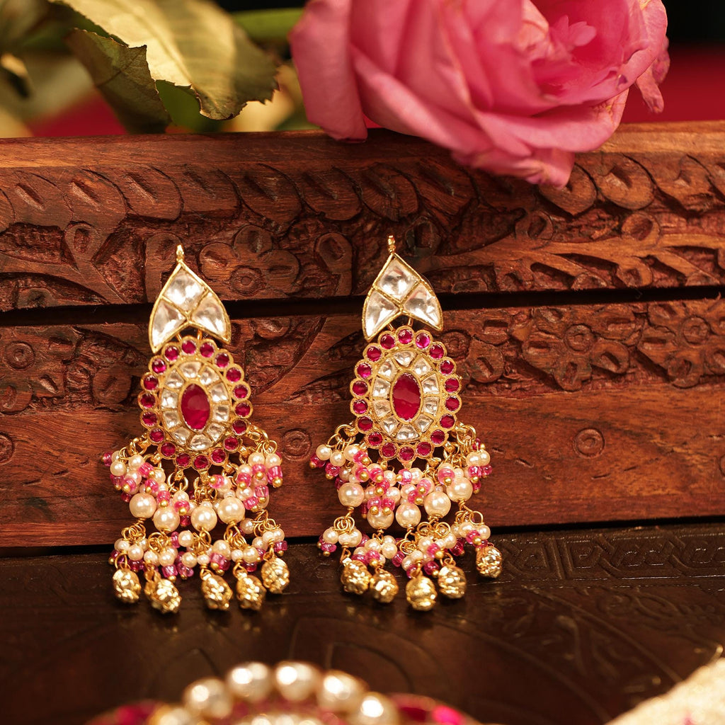 Ruby Pink Kundan Choker Set: Floral Mandala Necklace, Seed Pearls, Geometric Earrings