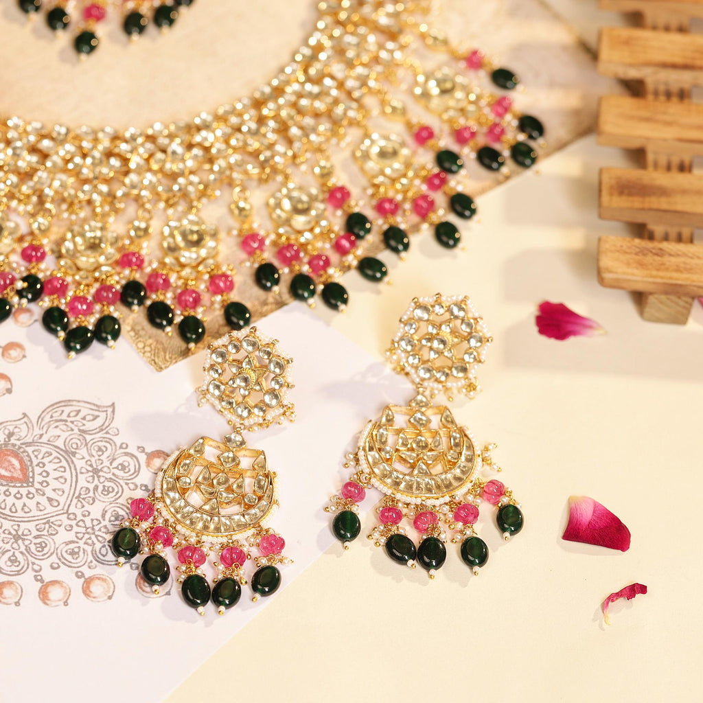 Kundan Bridal Jewelry Set  Pink Emerald Chandbali Necklace, Earrings, Maang Tikka