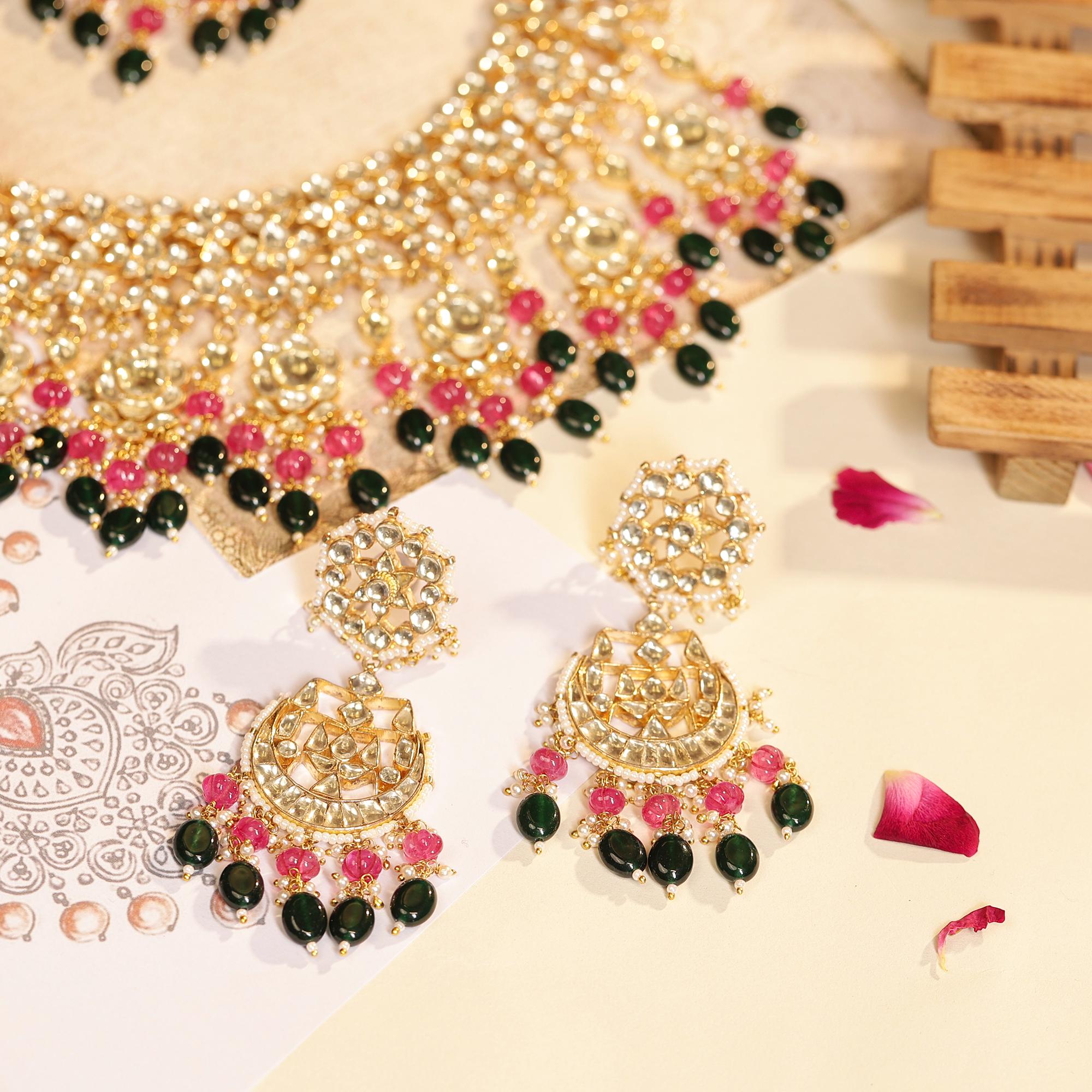 Kundan Bridal Jewelry Set  Pink Emerald Chandbali Necklace, Earrings, Maang Tikka