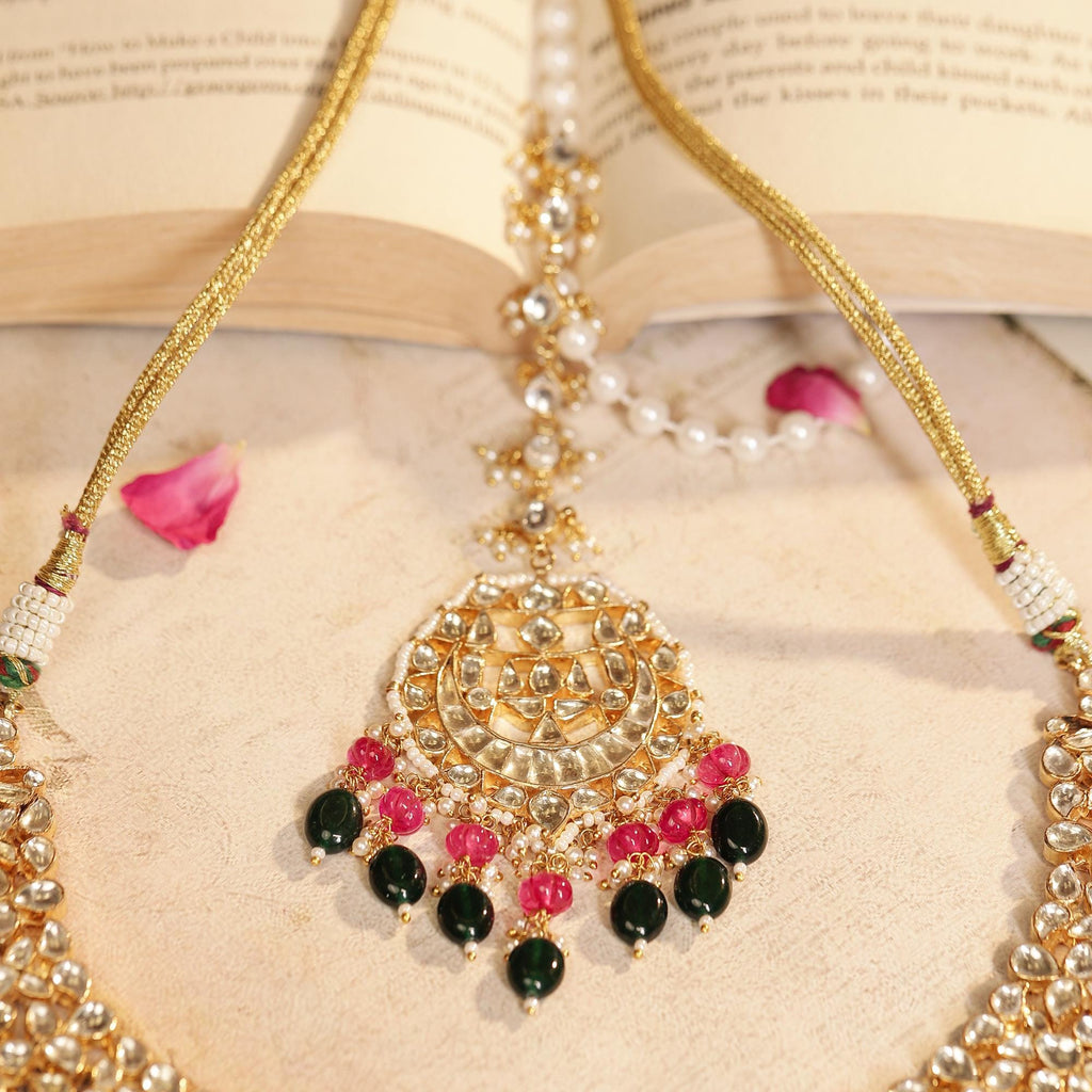 Kundan Bridal Jewelry Set  Pink Emerald Chandbali Necklace, Earrings, Maang Tikka