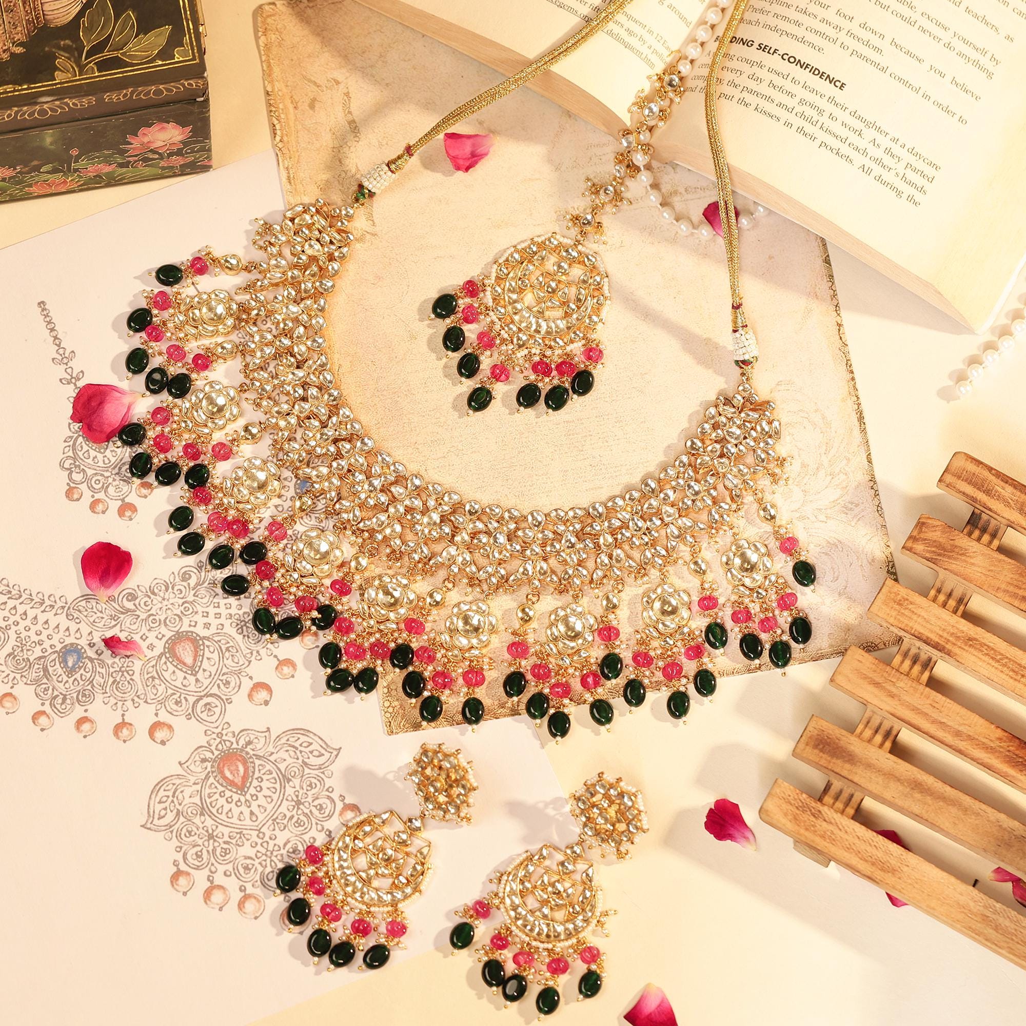 Kundan Bridal Jewelry Set  Pink Emerald Chandbali Necklace, Earrings, Maang Tikka