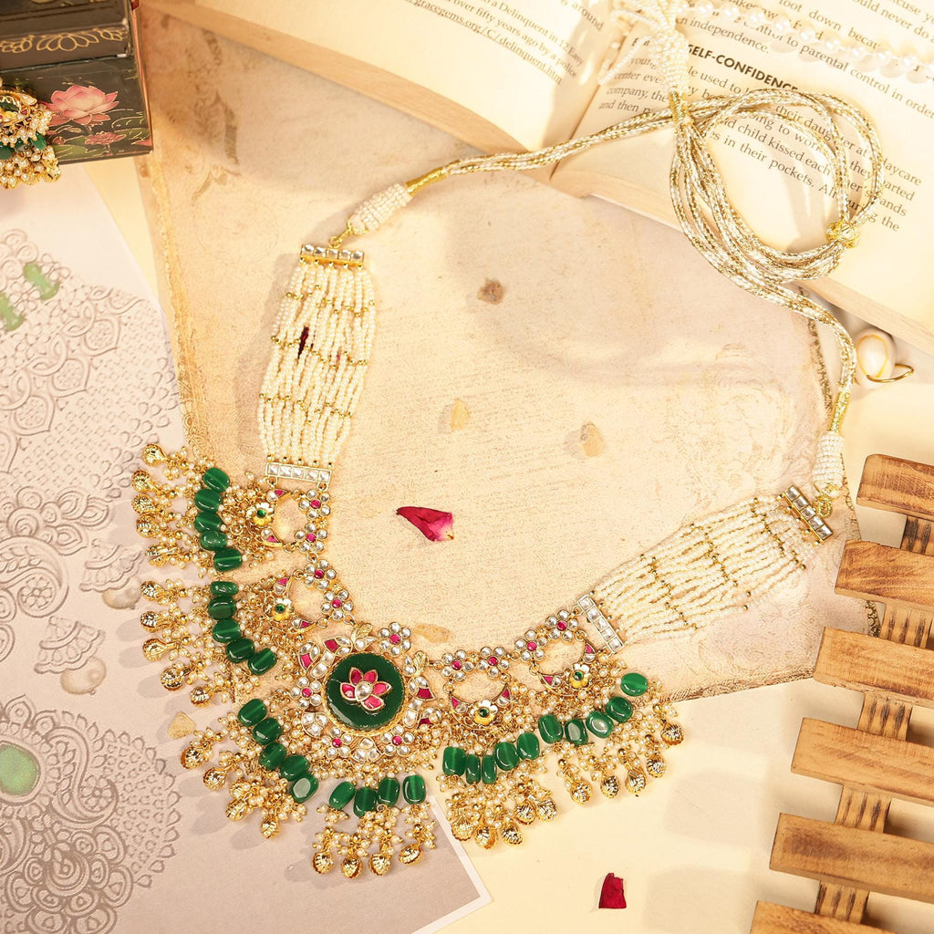 Emerald Green Kundan Choker Set  Antique Gold Meenakari Necklace, Pearl Earrings