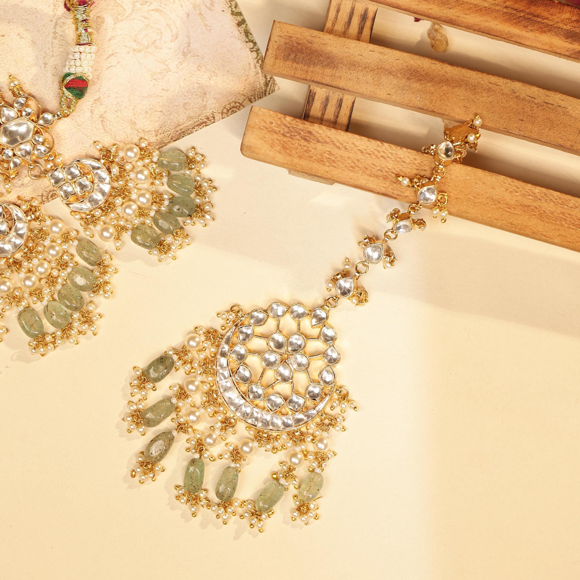 Mint Green Kundan Bridal Choker Set with Maang Tikka & Jhumka Earrings