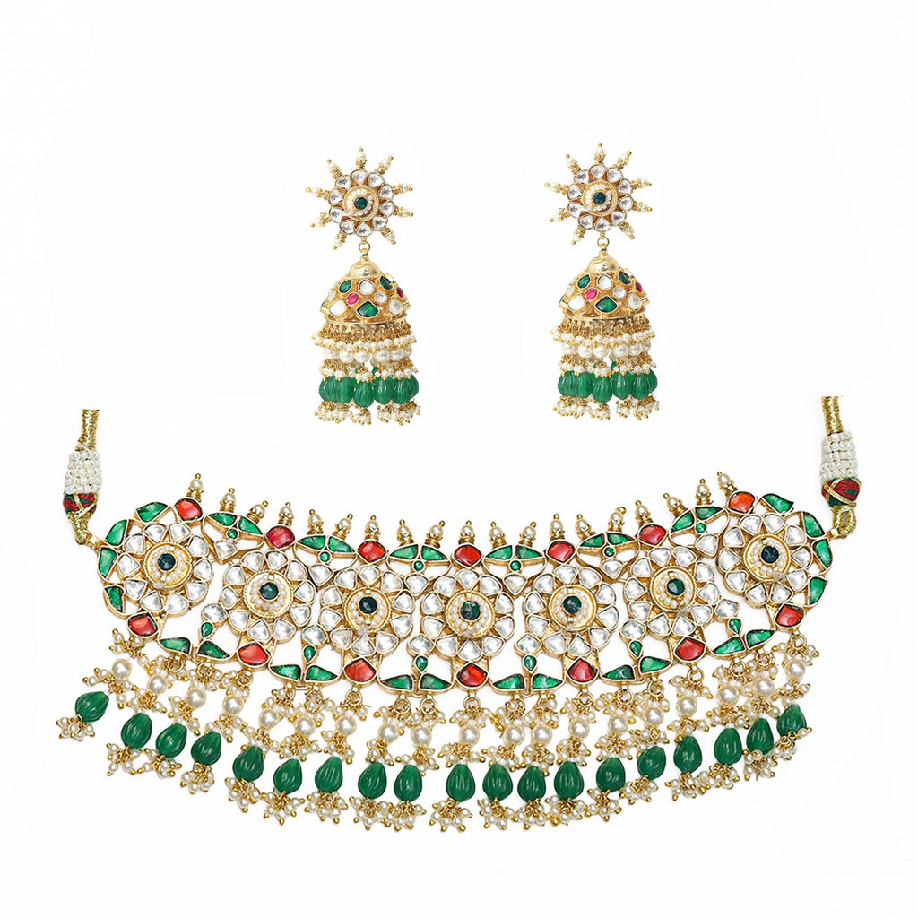 Royal Kundan Choker Necklace Set  Emerald Green, Ruby Red Bridal Jewelry