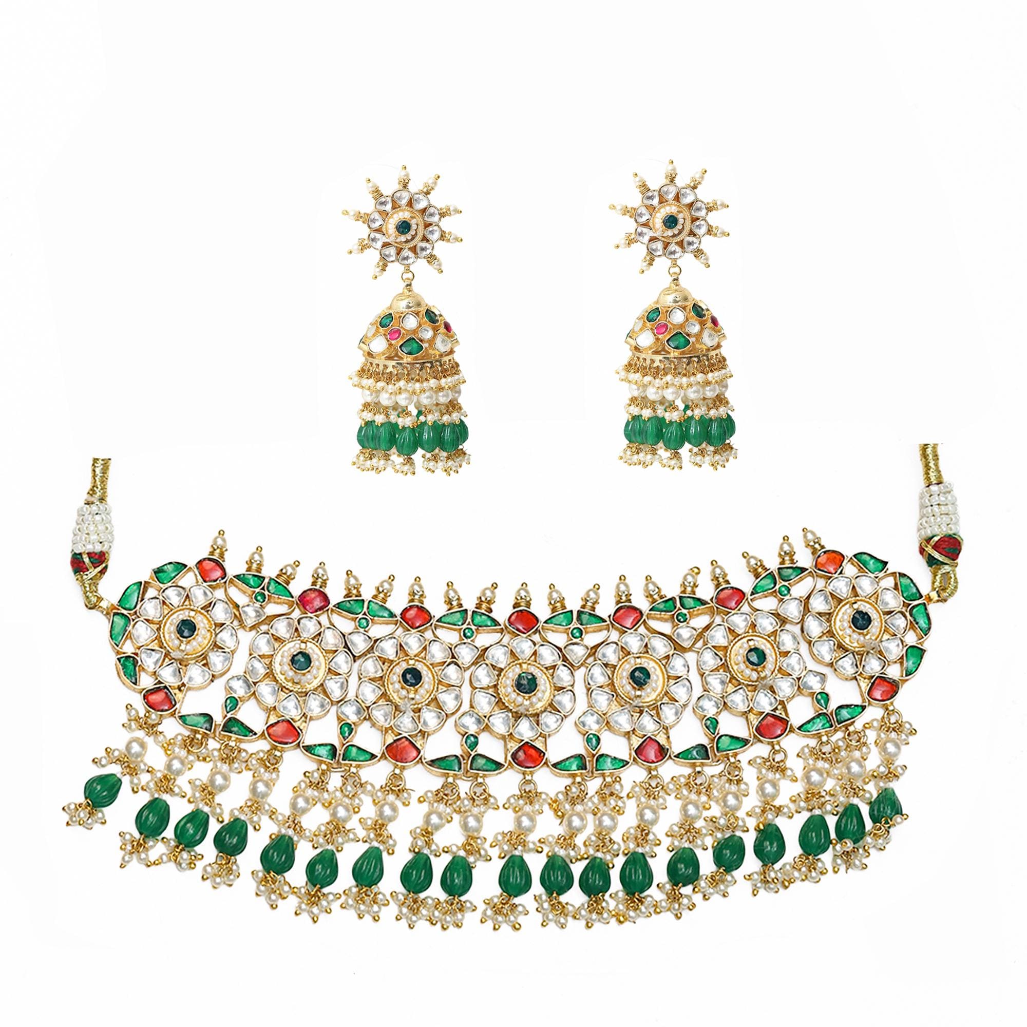 Royal Kundan Choker Necklace Set  Emerald Green, Ruby Red Bridal Jewelry