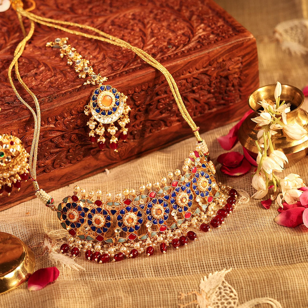 Royal Kundan Choker Necklace Set  Emerald Green, Ruby Red Bridal Jewelry