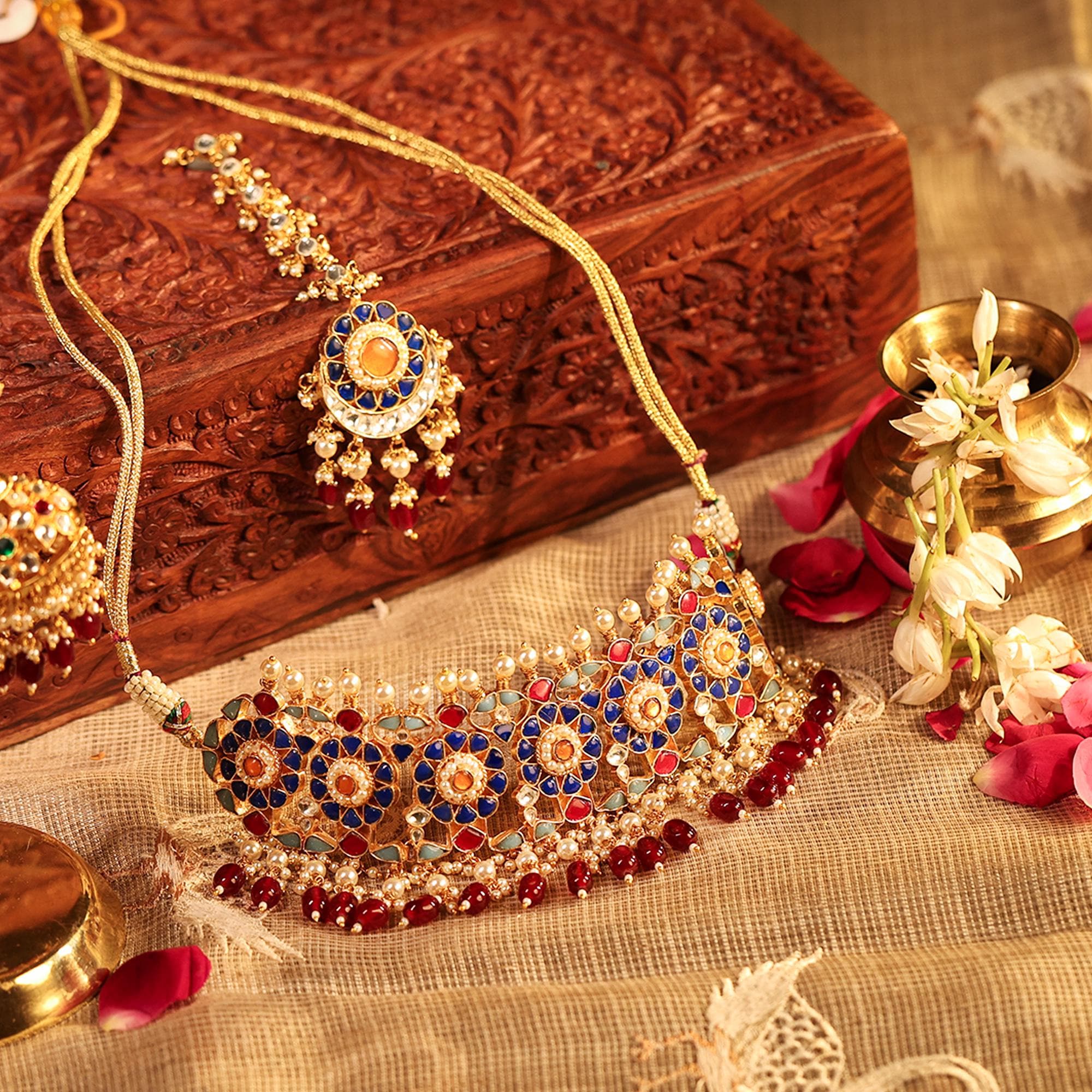 Royal Kundan Choker Necklace Set  Emerald Green, Ruby Red Bridal Jewelry