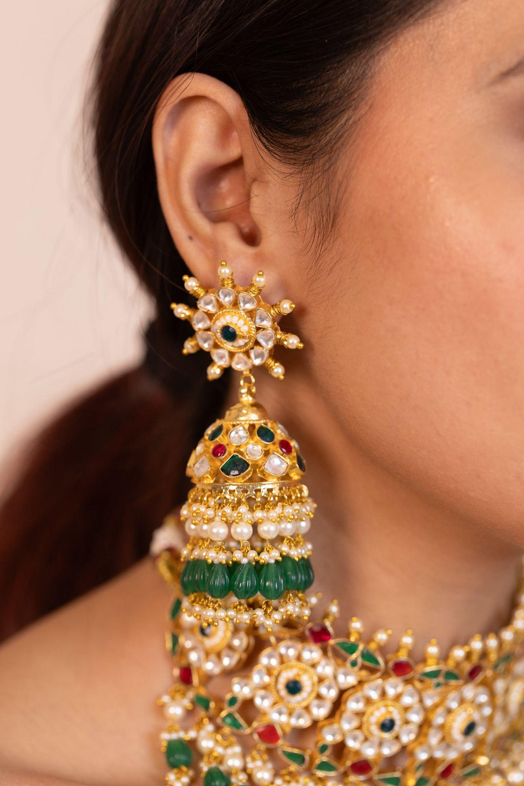 Royal Kundan Choker Necklace Set  Emerald Green, Ruby Red Bridal Jewelry
