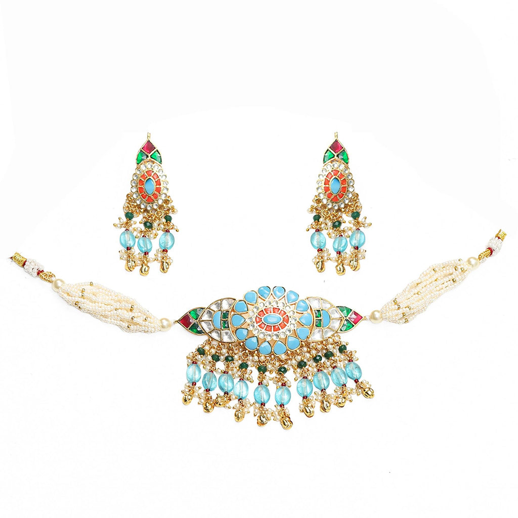 Blue Kundan Choker Set  Pastel Meenakari Floral Pearls  Indian Festive Jewelry
