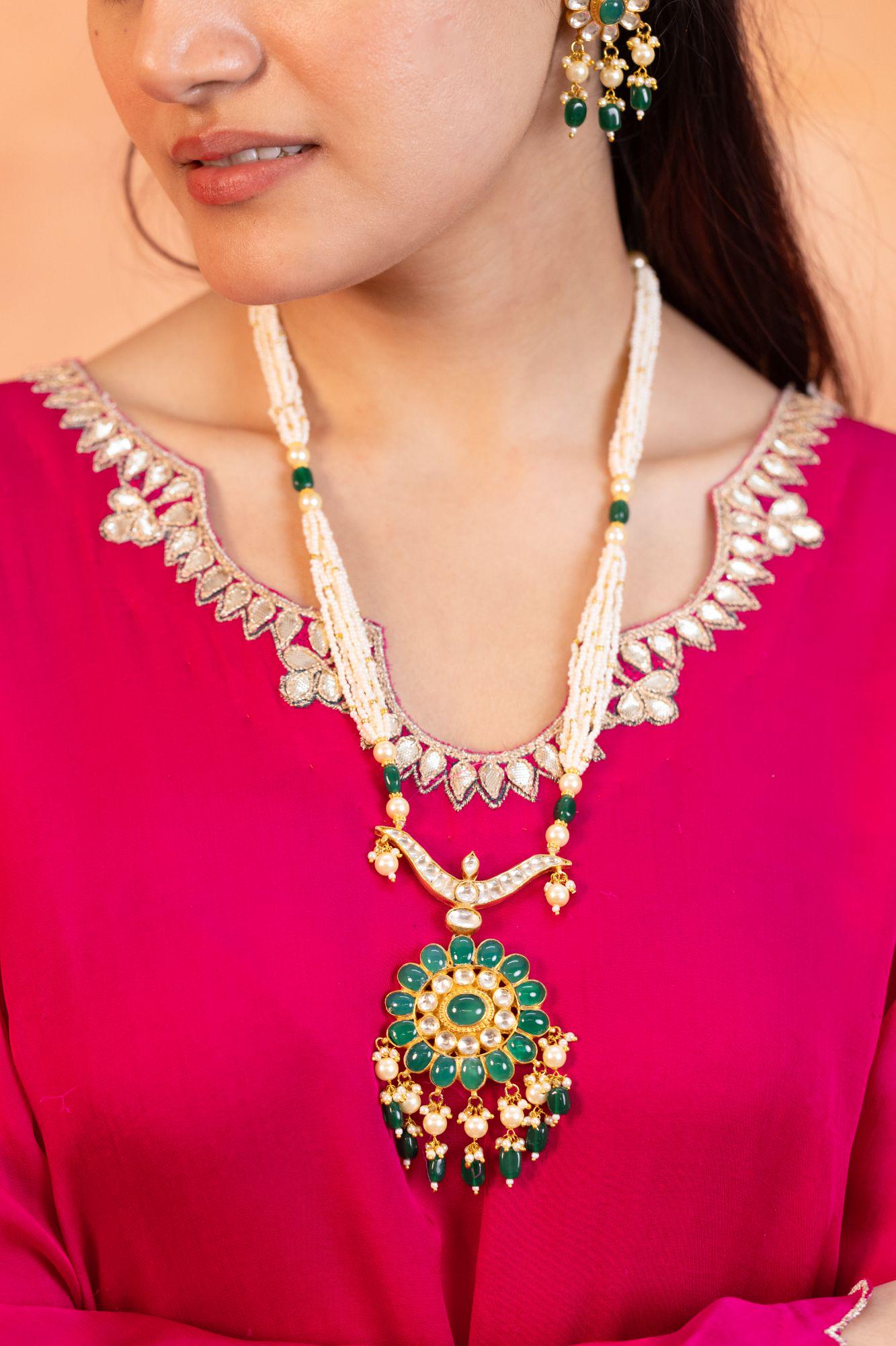 Emerald Green Kundan Pendant Necklace Set  Multi-Strand Pearls, Royal Indian Mala, Earrings