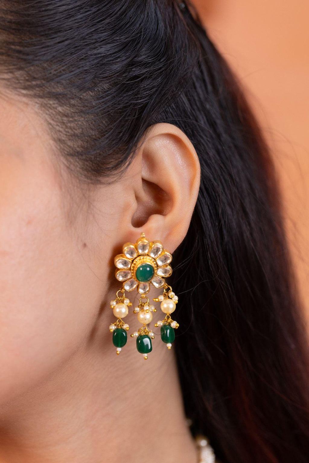 Emerald Green Kundan Pendant Necklace Set  Multi-Strand Pearls, Royal Indian Mala, Earrings