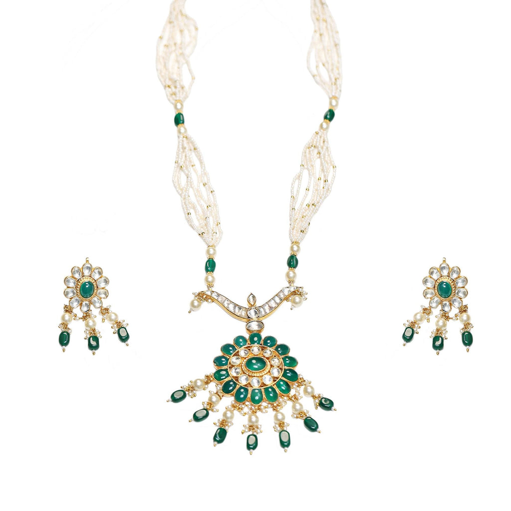 Emerald Green Kundan Pendant Necklace Set  Multi-Strand Pearls, Royal Indian Mala, Earrings