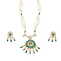 Emerald Green Kundan Pendant Necklace Set  Multi-Strand Pearls, Royal Indian Mala, Earrings
