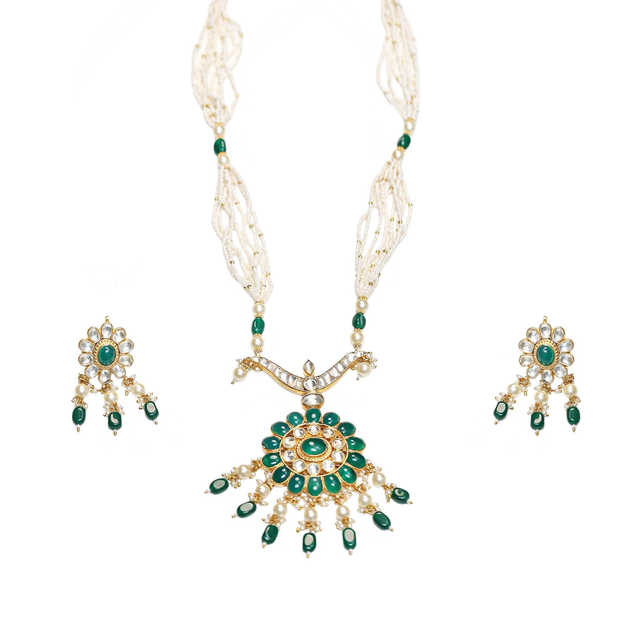 Emerald Green Kundan Pendant Necklace Set  Multi-Strand Pearls, Royal Indian Mala, Earrings