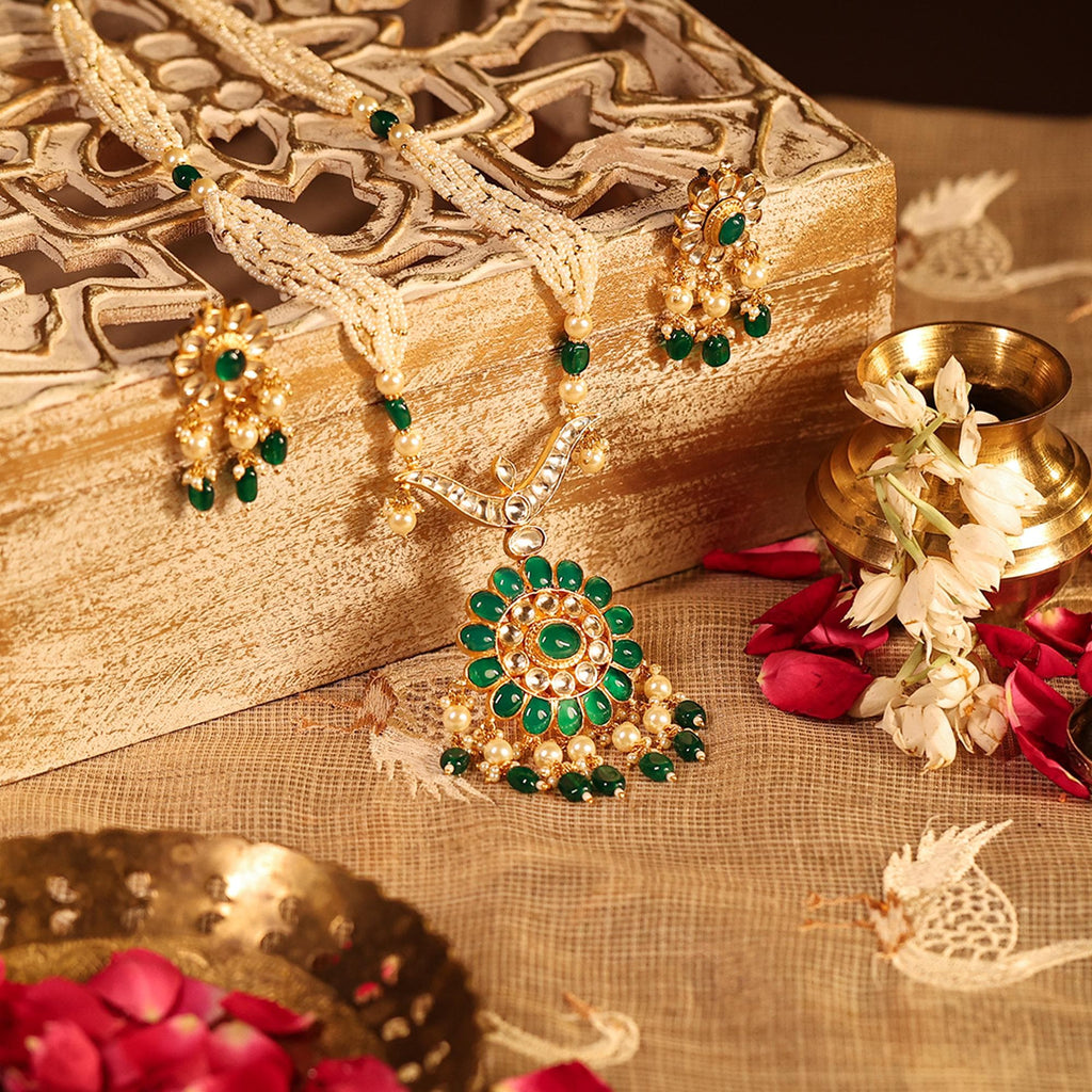 Emerald Green Kundan Pendant Necklace Set  Multi-Strand Pearls, Royal Indian Mala, Earrings