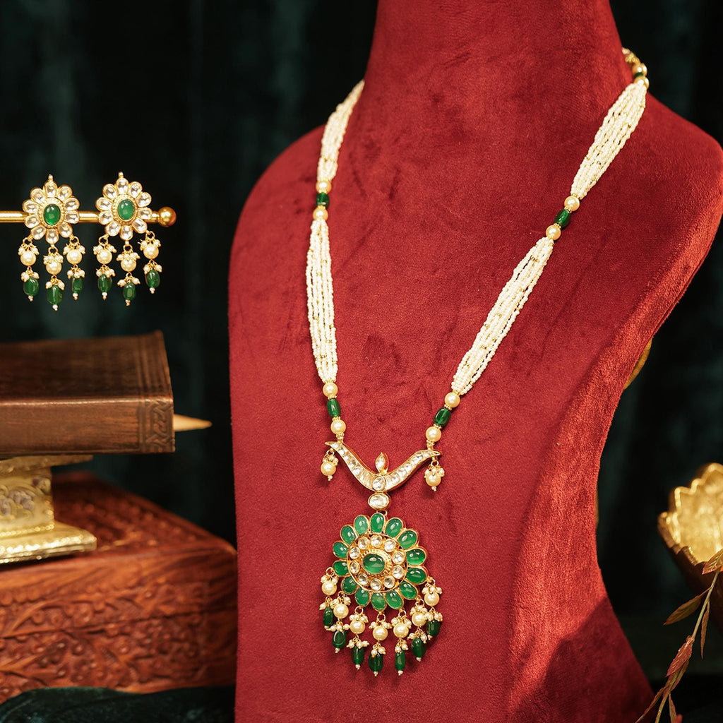 Emerald Green Kundan Pendant Necklace Set  Multi-Strand Pearls, Royal Indian Mala, Earrings
