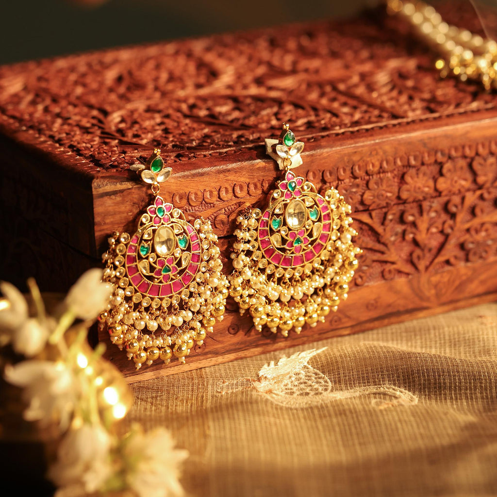 Handcrafted Meenakari Kundan Pendant Necklace Set  Red Green Enamel Indian Wedding Jewelry