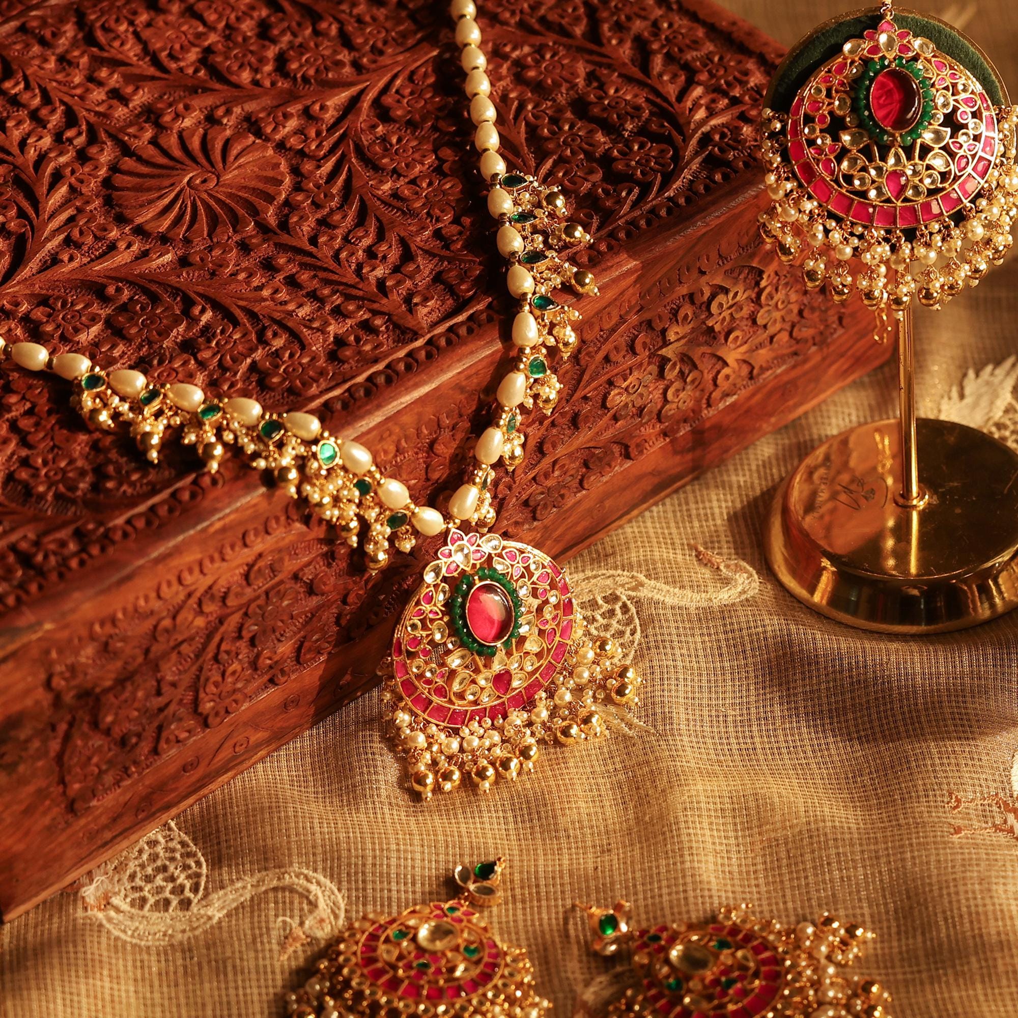 Handcrafted Meenakari Kundan Pendant Necklace Set  Red Green Enamel Indian Wedding Jewelry
