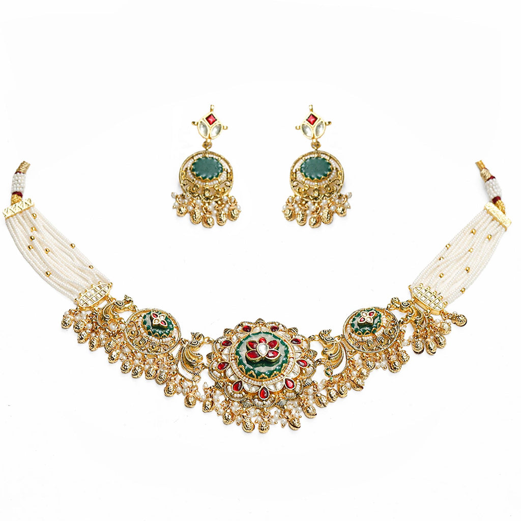 Rajwadi Meenakari Choker Necklace Set with Earrings: Traditional Kundan Bridal Jewelry