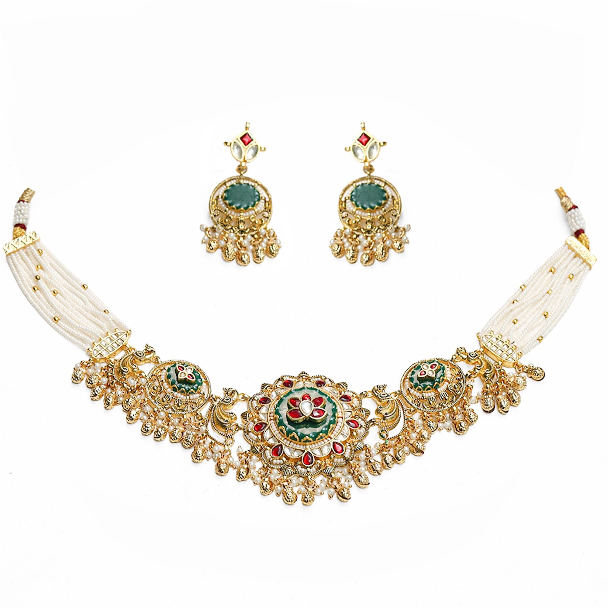 Rajwadi Meenakari Choker Necklace Set with Earrings: Traditional Kundan Bridal Jewelry