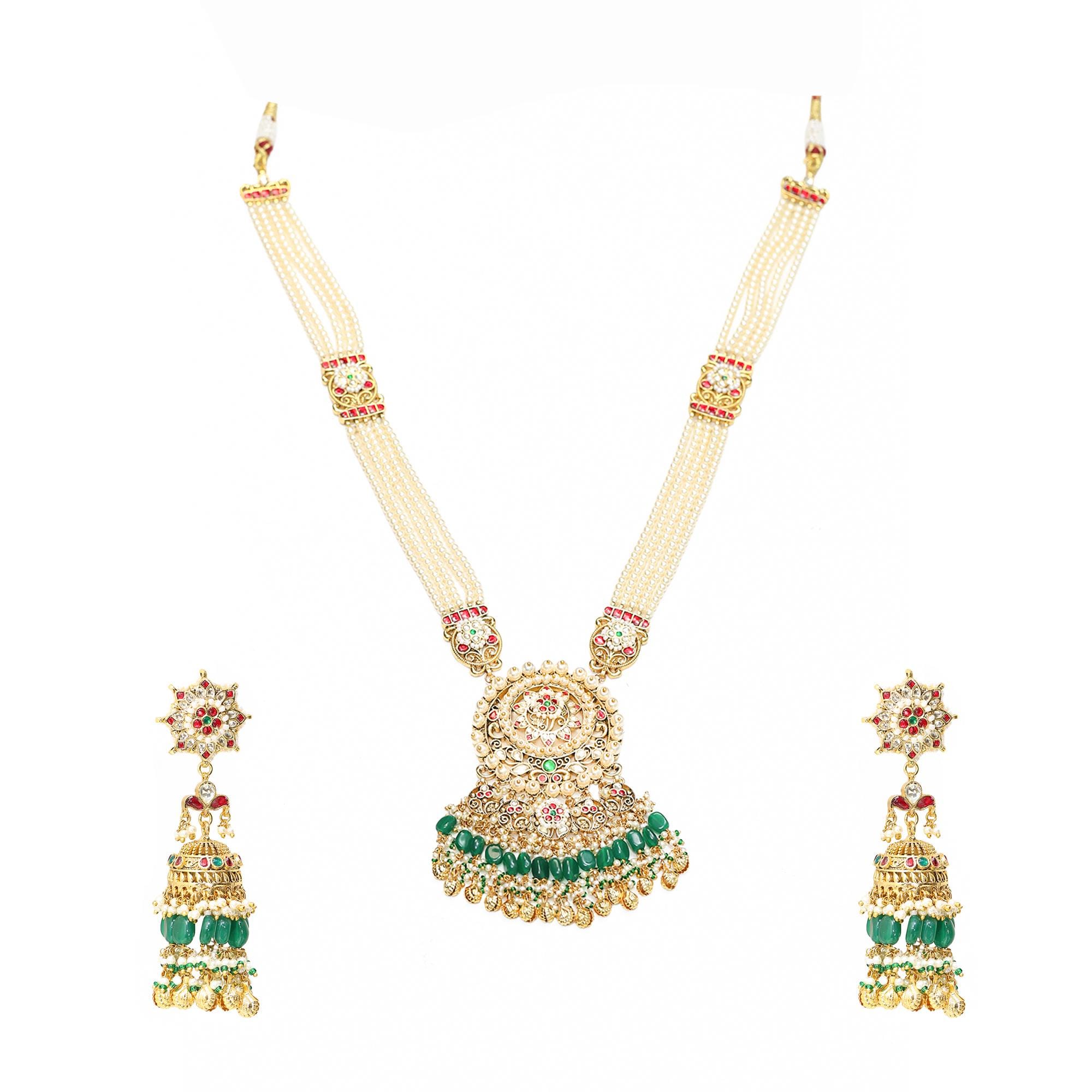 Royal Kundan Pendant Necklace Set with Jhumka Earrings, Traditional Indian Bridal Jewelry