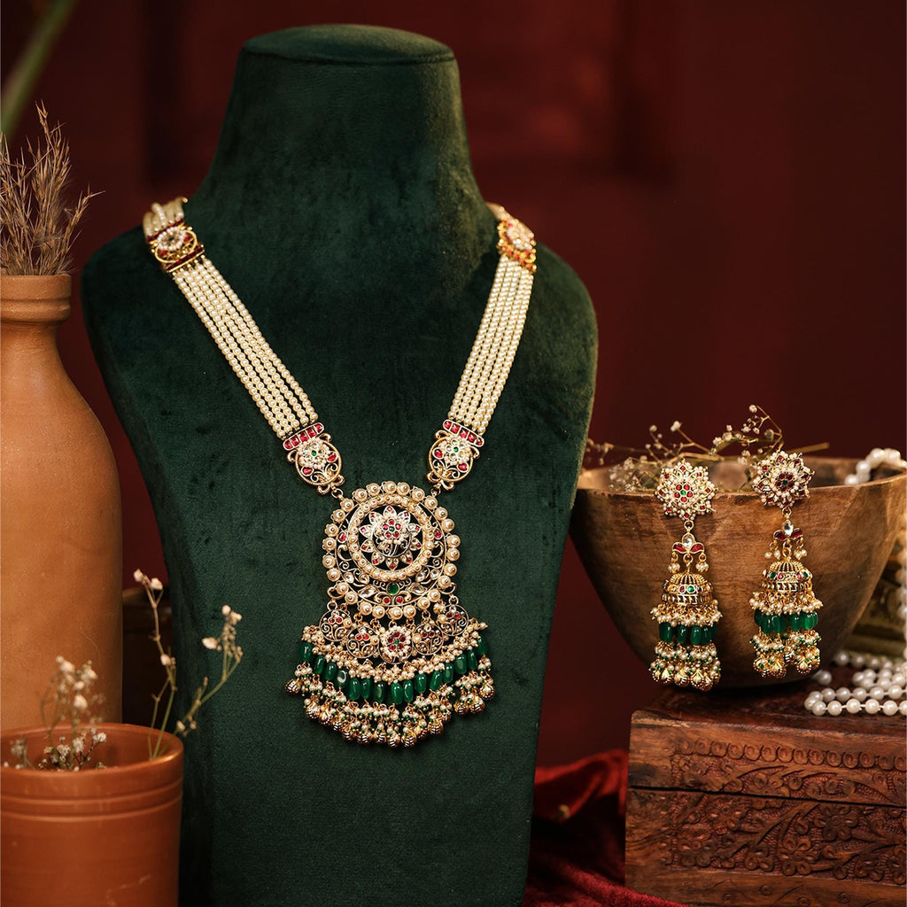 Royal Kundan Pendant Necklace Set with Jhumka Earrings, Traditional Indian Bridal Jewelry