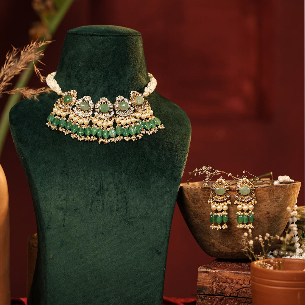 Kundan Choker Necklace Set  Uncut Emerald, Ruby, Pearl Strand, Bridal Jewelry
