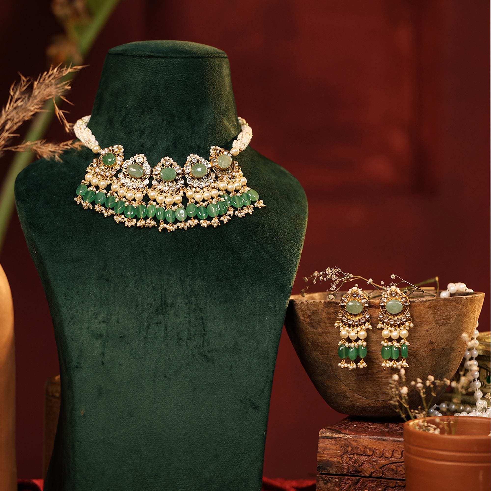 Kundan Choker Necklace Set  Uncut Emerald, Ruby, Pearl Strand, Bridal Jewelry