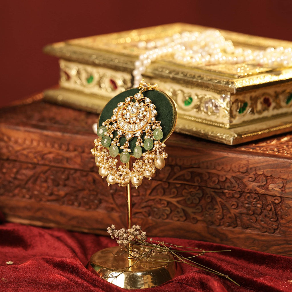 Sabyasachi Inspired Kundan Choker Set | Mint Green Beads, Pearls, Maang Tikka, Earrings