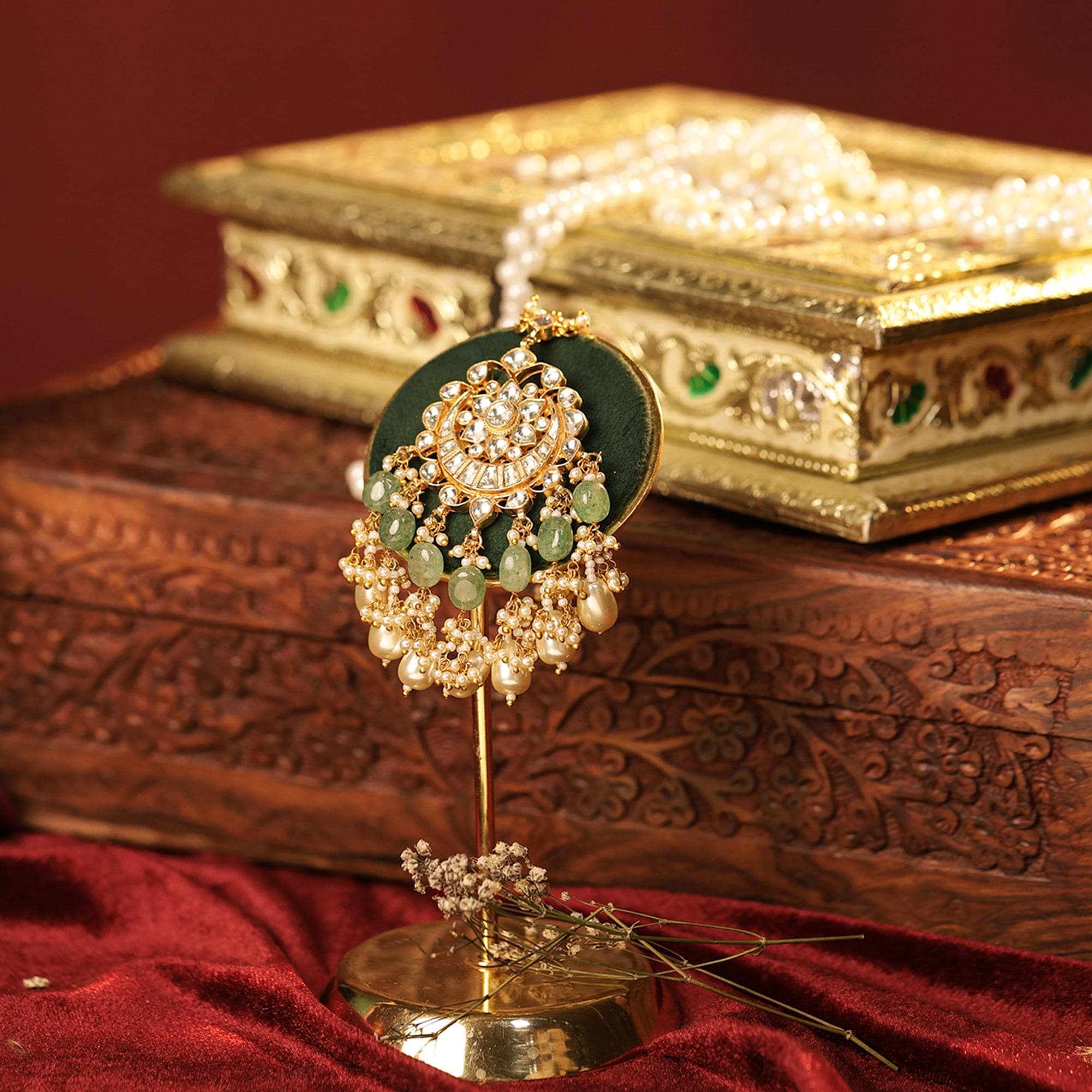 Sabyasachi Inspired Kundan Choker Set | Mint Green Beads, Pearls, Maang Tikka, Earrings