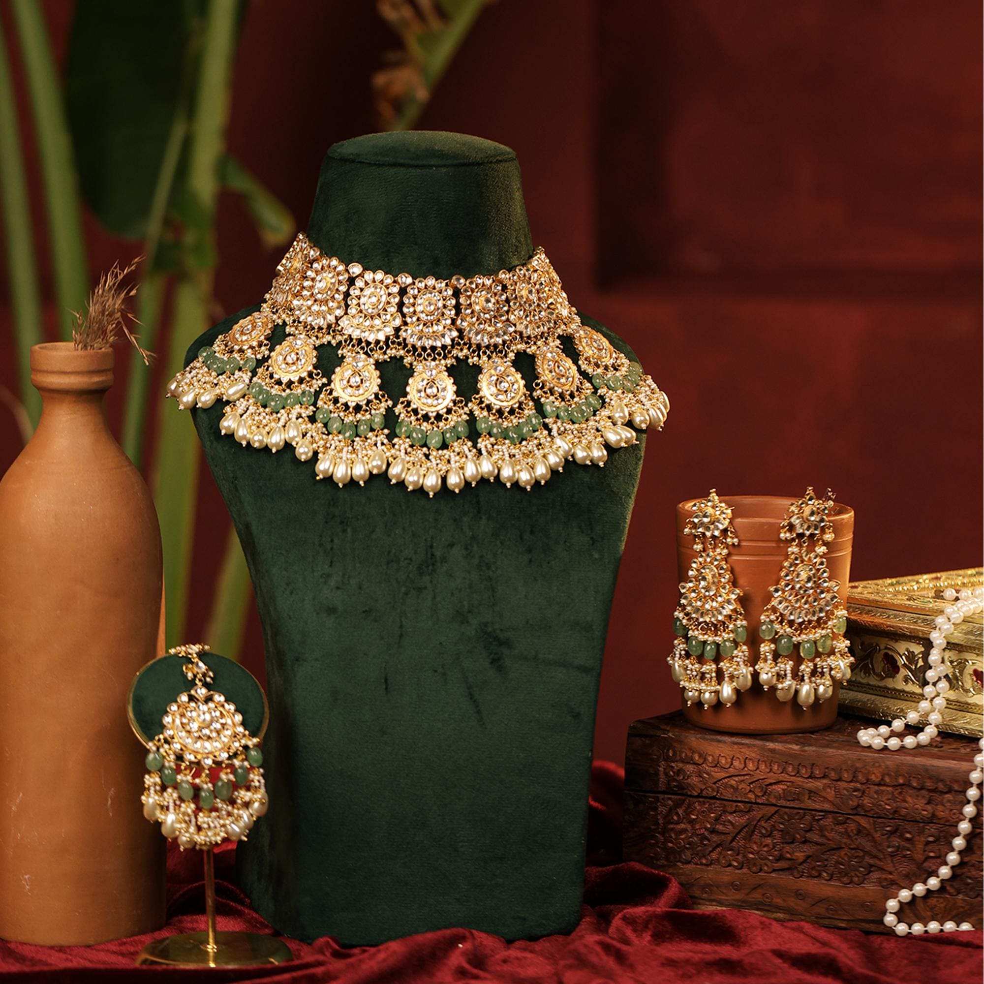 Sabyasachi Inspired Kundan Choker Set | Mint Green Beads, Pearls, Maang Tikka, Earrings