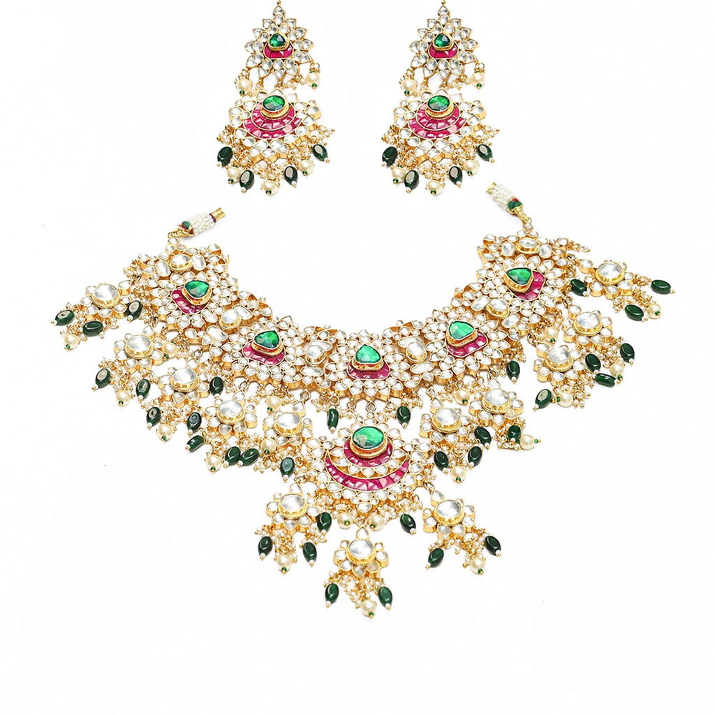Royal Meenakari Kundan Bridal Choker Set | Emerald Green Ruby Accents, Rajasthani Statement Necklace Earrings