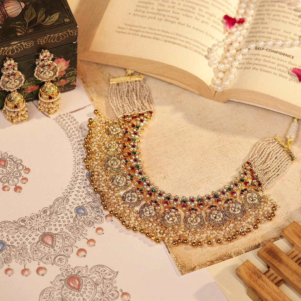 Royal Meenakari Kundan Bridal Choker Set | Emerald Green Ruby Accents, Rajasthani Statement Earrings