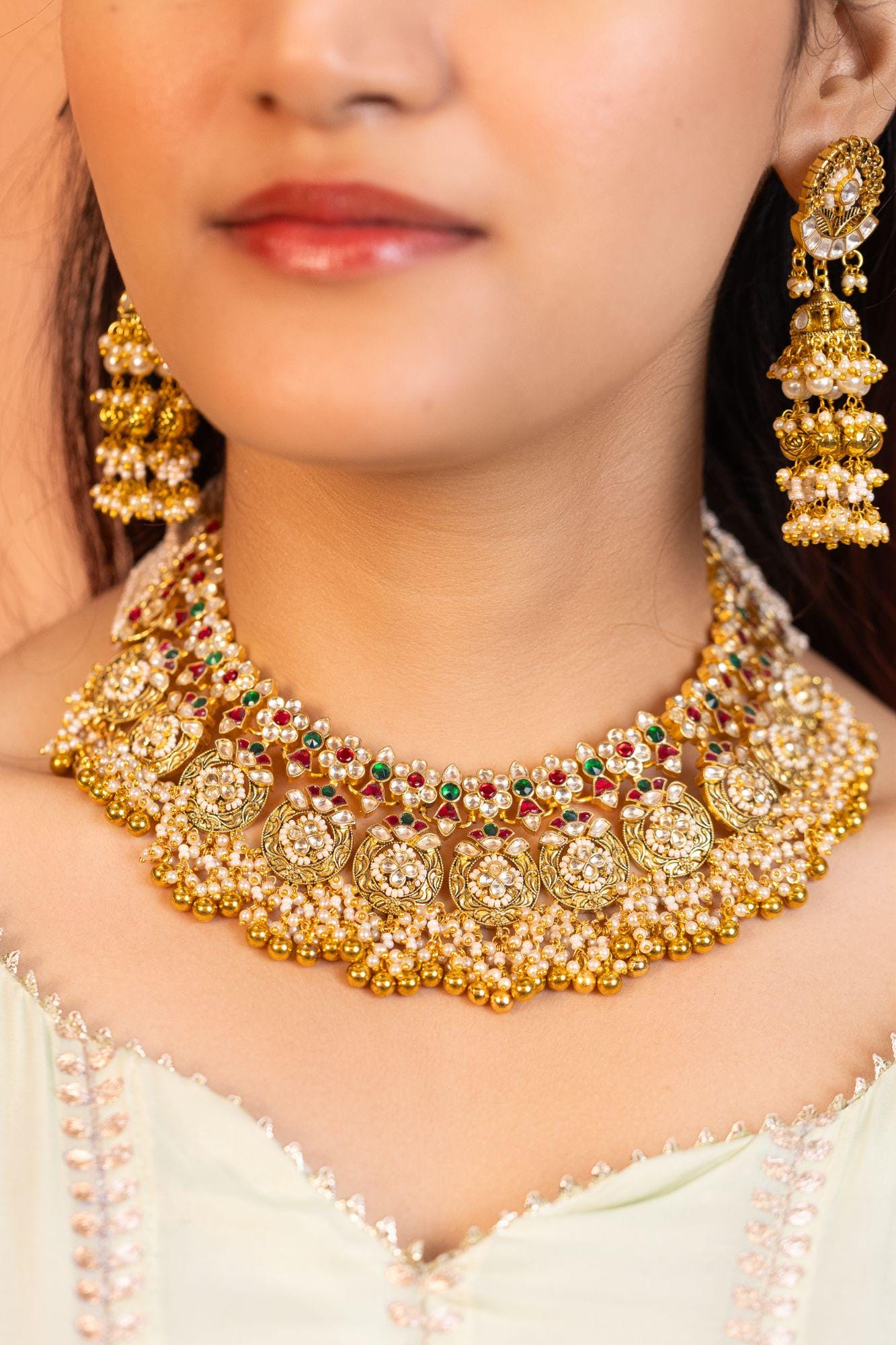 Royal Meenakari Kundan Bridal Choker Set | Emerald Green Ruby Accents, Rajasthani Statement Earrings
