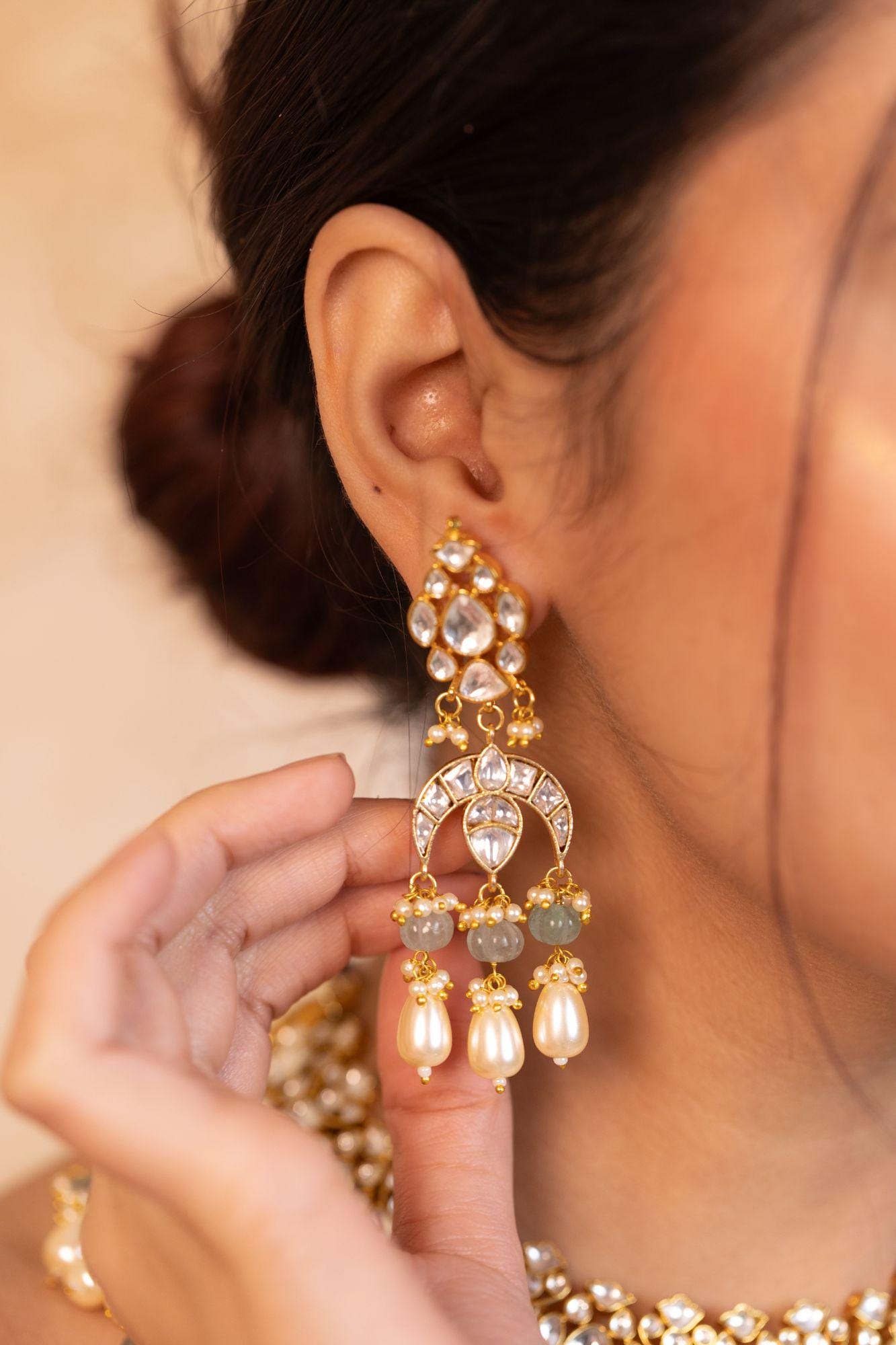 Pastel Mint Green Kundan Bridal Choker Set | Pearls, Chaand Motif Wedding Necklace Earrings