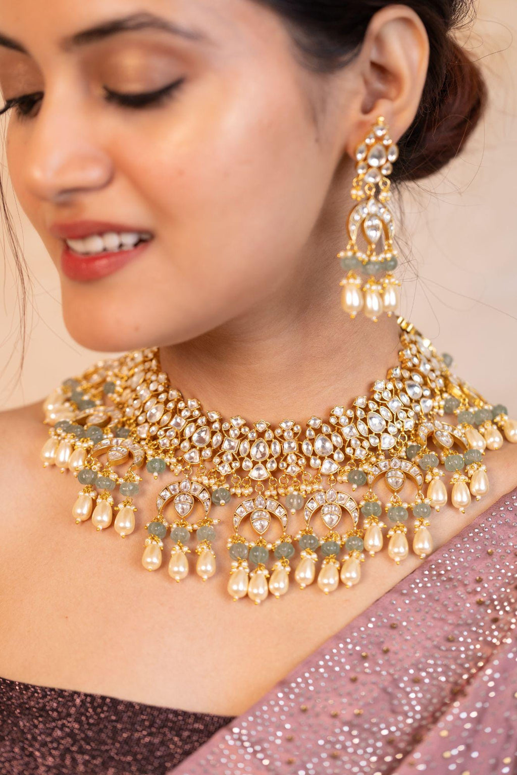 Pastel Mint Green Kundan Bridal Choker Set | Pearls, Chaand Motif Wedding Necklace Earrings