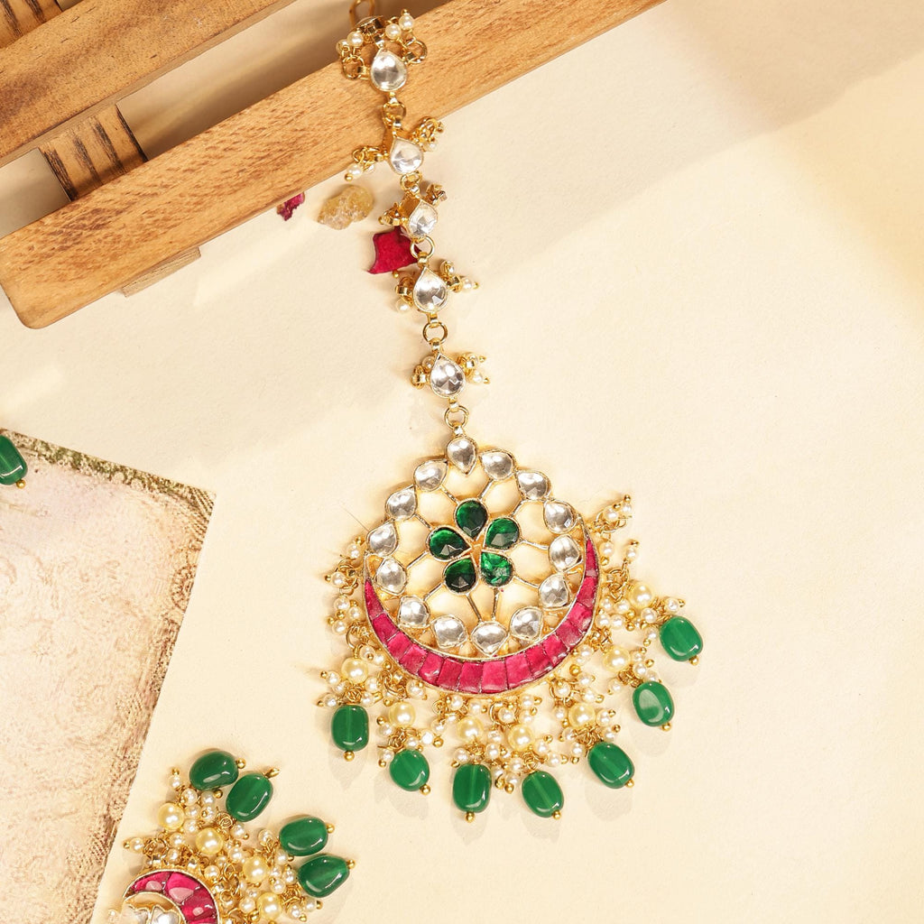 Royal Kundan Bridal Choker Set, Emerald Green Pink Meenakari Jhumka Earrings Maang Tikka