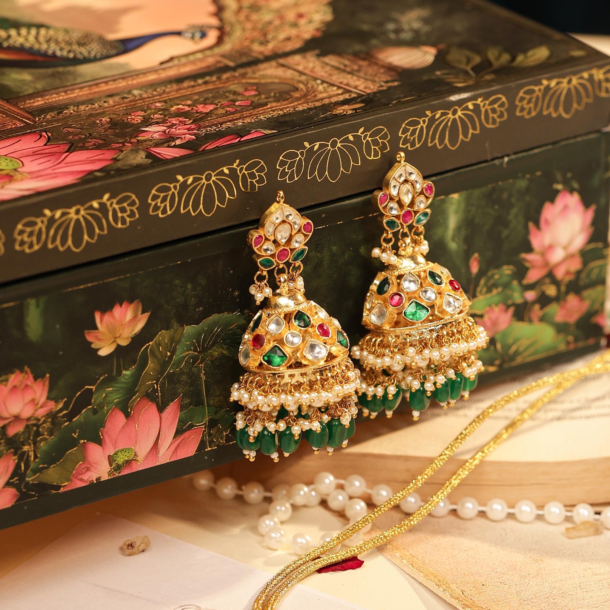Royal Kundan Bridal Choker Set, Emerald Green Pink Meenakari Jhumka Earrings Maang Tikka