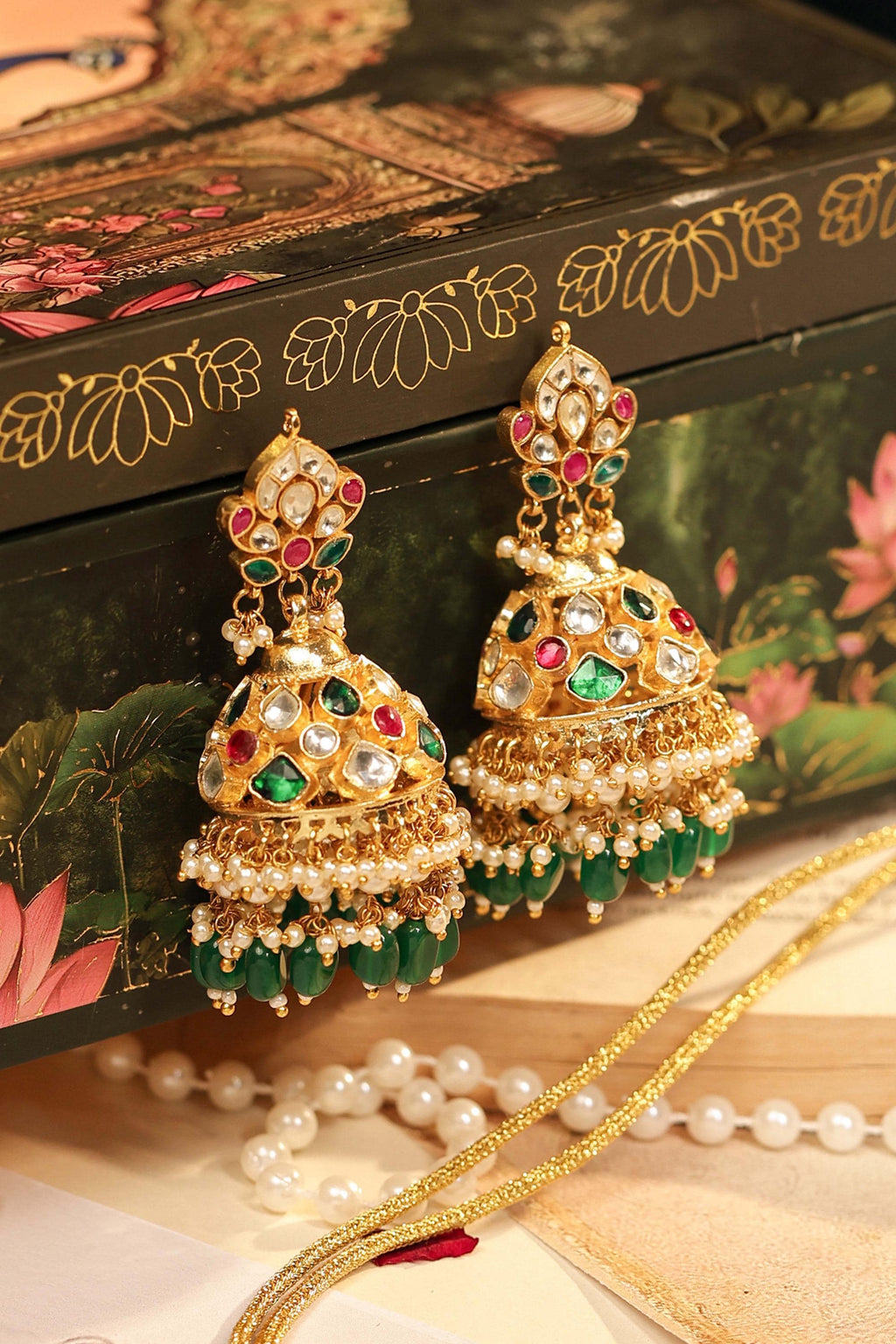 Royal Kundan Bridal Choker Set, Emerald Green Pink Meenakari Jhumka Earrings Maang Tikka