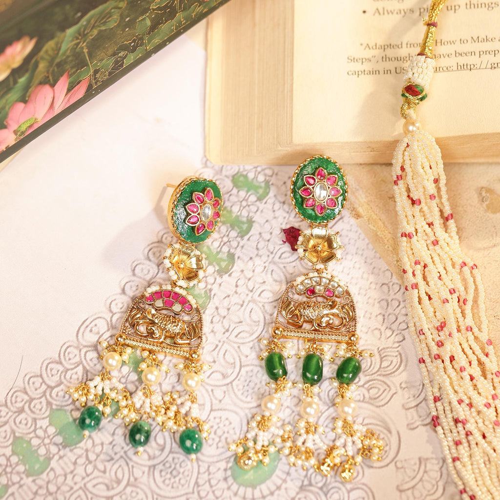 Traditional Kundan Meenakari Necklace Set: Multi-Strand Pearls, Green Enamel Choker Dangles
