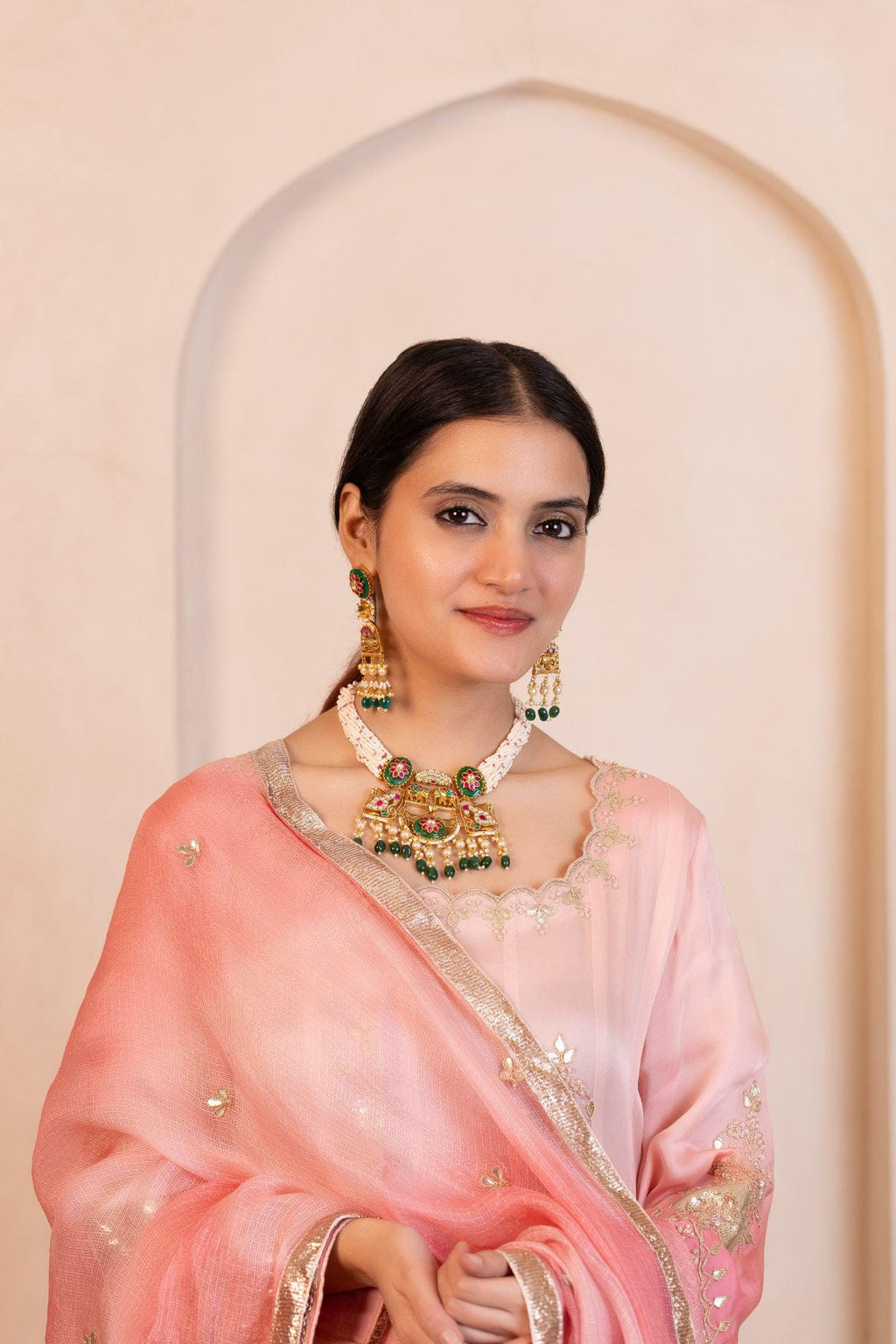 Traditional Kundan Meenakari Necklace Set: Multi-Strand Pearls, Green Enamel Choker Dangles