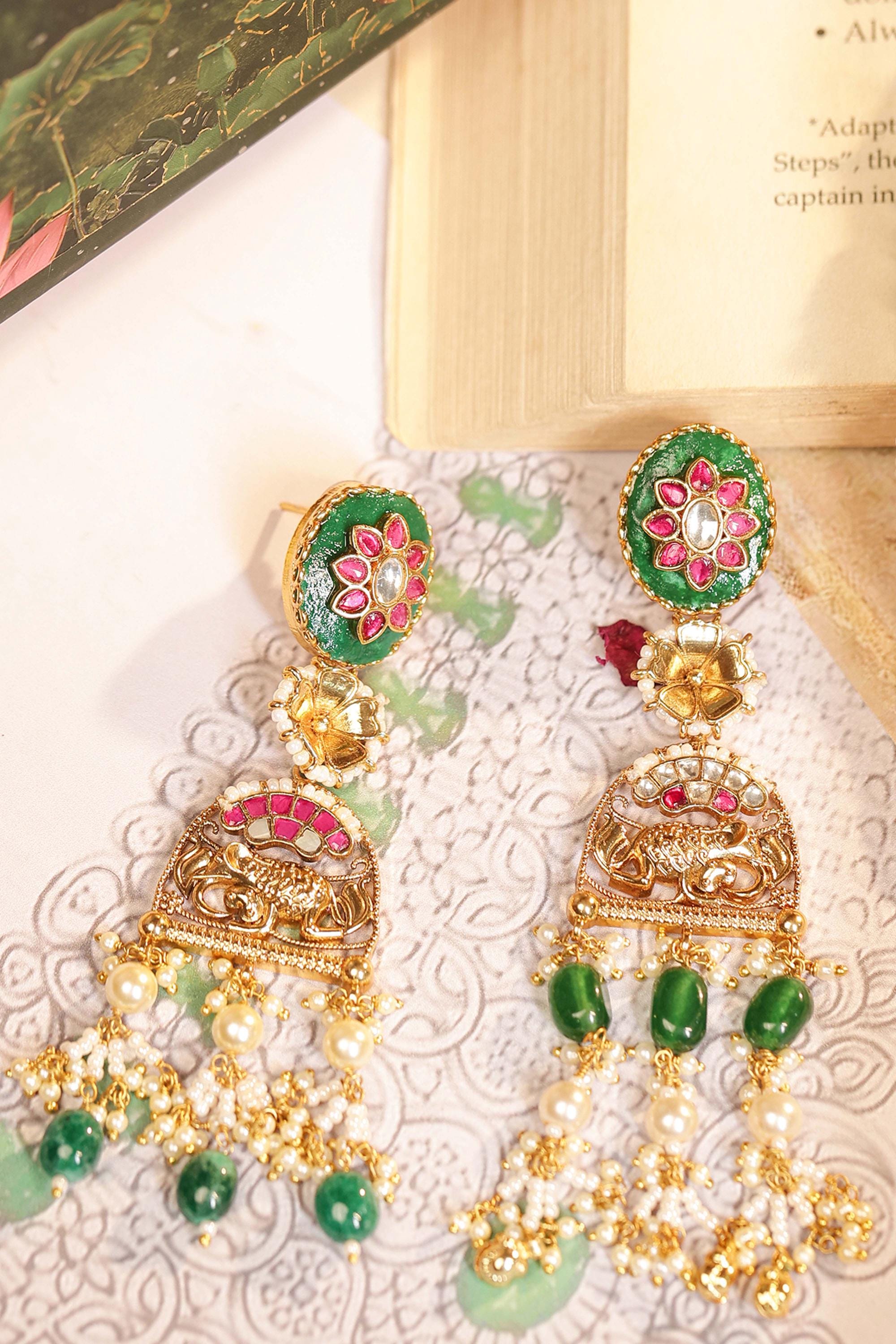 Traditional Kundan Meenakari Necklace Set: Multi-Strand Pearls, Green Enamel Choker Dangles