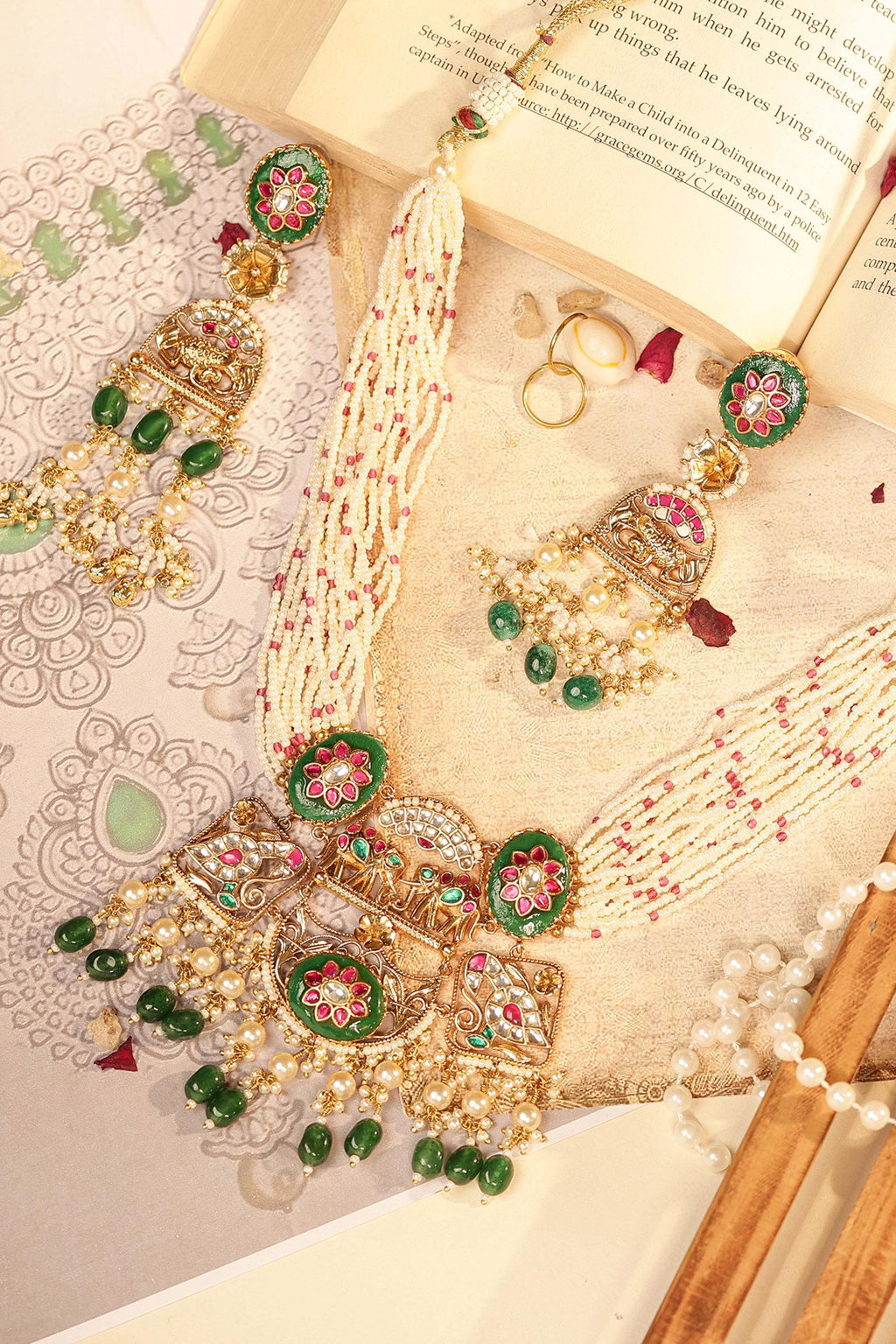 Traditional Kundan Meenakari Necklace Set: Multi-Strand Pearls, Green Enamel Choker Dangles